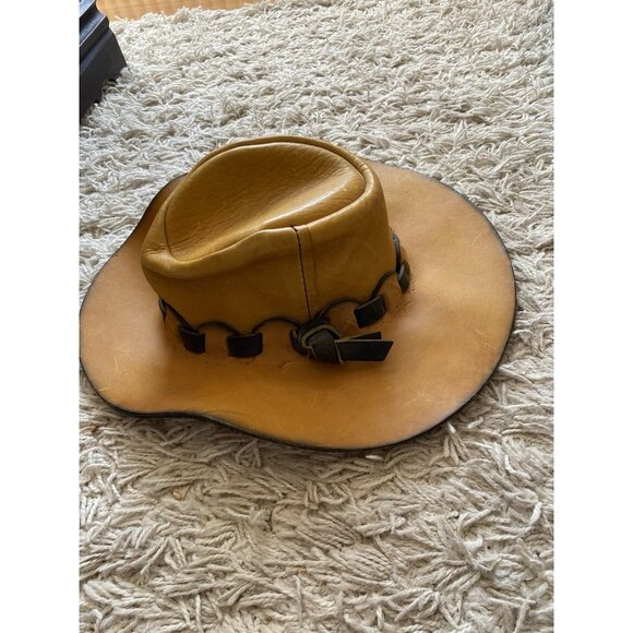 Mens Outback Hat Woven Embossed Tan Hard Leather Cowboy Black Australian - Picture 5 of 13